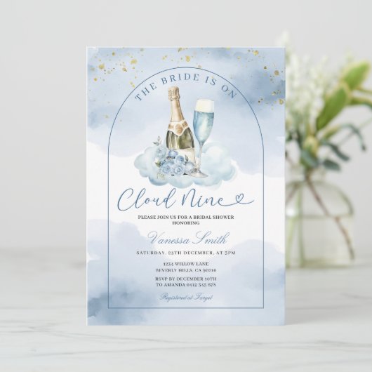 Blue Wine The Bride is Cloud Nine Bridal Shower Einladung (Stehend Vorderseite)