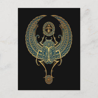 Blue Winged Egyptian Scarab Käfer mit Ankh Black Postkarte
