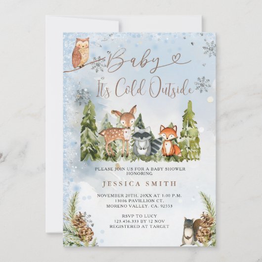 Blue Winter Animals Woodland Boy Baby Dusche Einladung (Vorderseite)