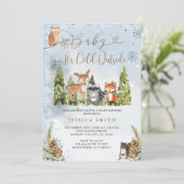 Blue Winter Animals Woodland Boy Baby Dusche Einladung (Stehend Vorderseite)