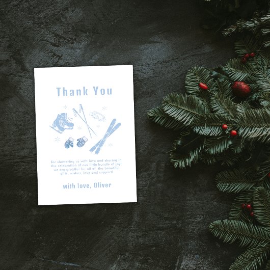 Blue Winter Après Bébé Ski Boy Baby Shower  Dankeskarte