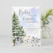 Blue Winter Arctic Animals Pine Tree Baby Dusche Einladung (Stehend Vorderseite)