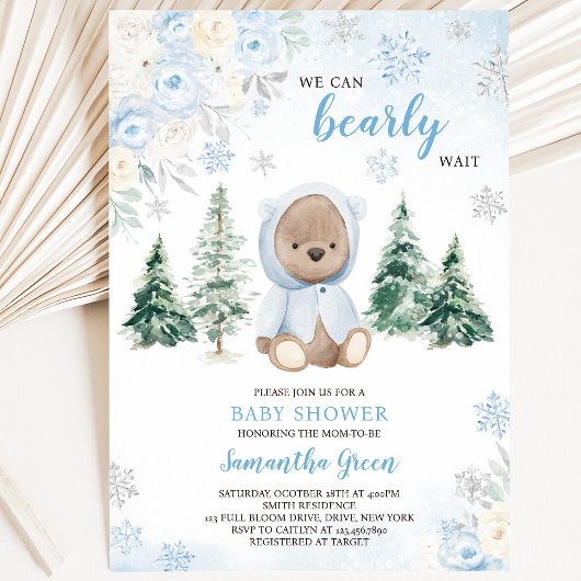 Blue Winter Bear Baby Dusche Einladung
