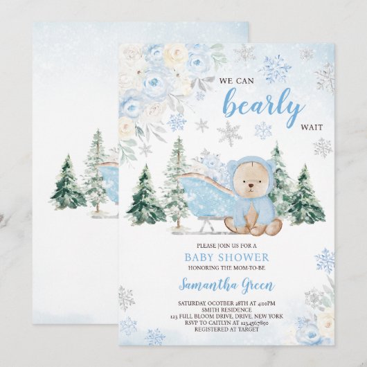 Blue Winter Bear Baby Dusche Einladung (Vorne/Hinten)