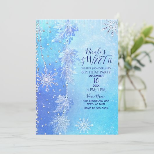 Blue Winter Blätter & Schneeflocken Sweet 16 Party Einladung (Stehend Vorderseite)