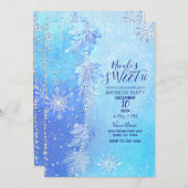Blue Winter Blätter & Schneeflocken Sweet 16 Party Einladung (Vorne/Hinten)