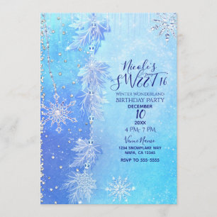 Blue Winter Blätter & Schneeflocken Sweet 16 Party Einladung