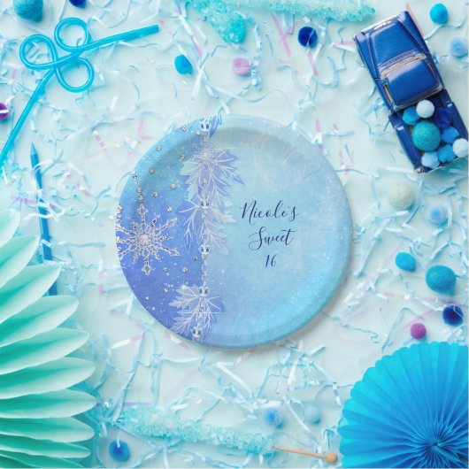 Blue Winter Blätter & Snowflakes Elegantes Party Pappteller (Party)