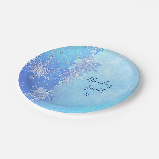 Blue Winter Blätter & Snowflakes Elegantes Party Pappteller (Schrägansicht)