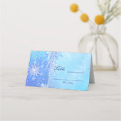 Blue Winter Blätter & Snowflakes Hochzeitstisch Platzkarte (Rückseite)