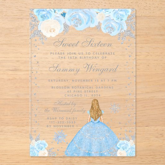 Blue Winter Blonde Hair Princess 16 . Geburtstag Acryleinladungen (Vorderseite)