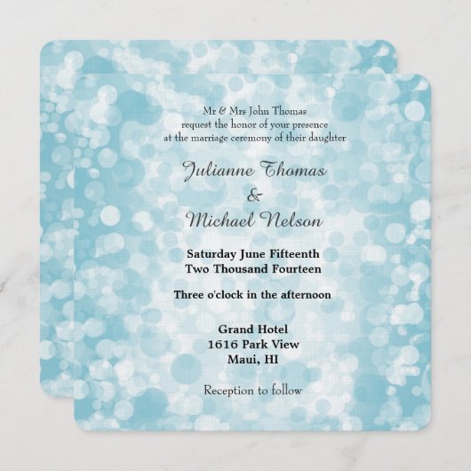 Blue Winter Bokeh Wedding Einladung (Vorne/Hinten)