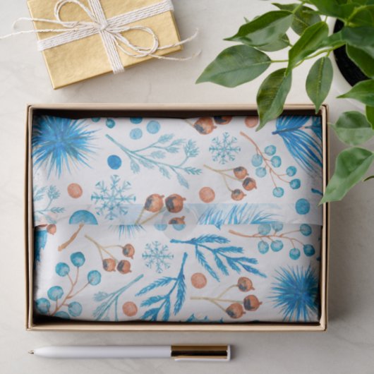 Blue Winter Botanical Pattern in Watercolor Seidenpapier (Geschenk)