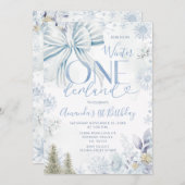 Blue Winter Bow Onederland Snowflake 1st Birthday Einladung (Vorne/Hinten)
