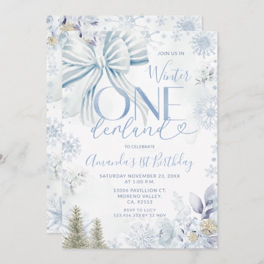 Blue Winter Bow Onederland Snowflake 1st Birthday Einladung (Vorne/Hinten)