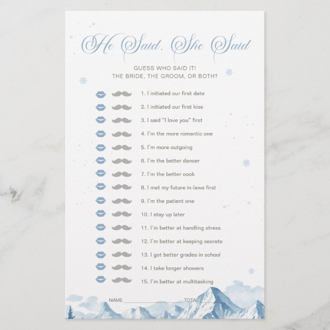 Blue Winter Bridal Shower He Said She Said Game (Vorderseite)