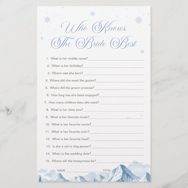 Blue Winter Bridal Shower Who Knows the Bride Best (Vorderseite)