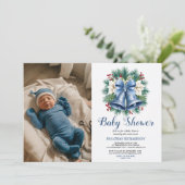 Blue Winter Christmas Bells Babydusche Einladung (Stehend Vorderseite)