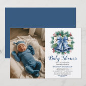 Blue Winter Christmas Bells Babydusche Einladung (Vorne/Hinten)