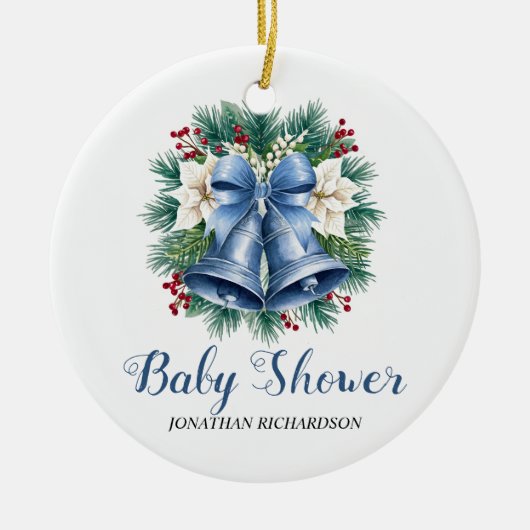 Blue Winter Christmas Bells Babydusche Keramik Ornament (Vorne)