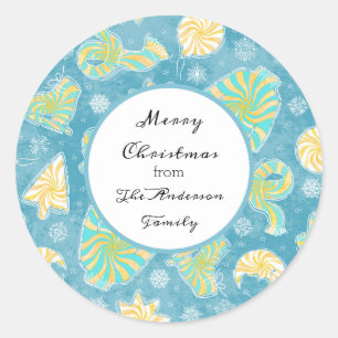 Blue Winter Christmas Monogram Runder Aufkleber