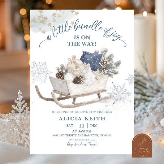 Blue Winter Christmas Sleigh Baby Shower Einladung