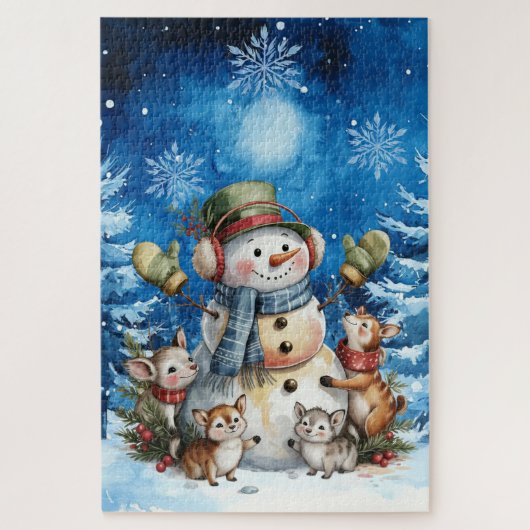 Blue Winter Christmas Snowman & Woodland Animals Puzzle (Vertikal)