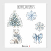 Blue Winter Christmas Tree Fox Snowflakes Bow Aufkleber (Blatt)