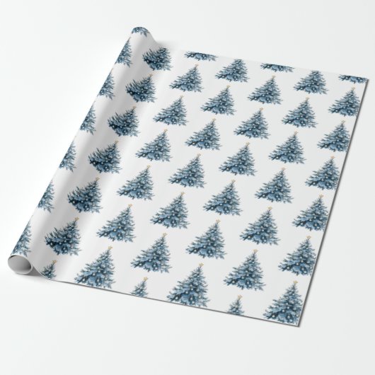 Blue Winter Christmas Tree Gold Star Geschenkpapier (Ungerollt)
