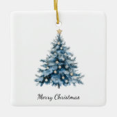 Blue Winter Christmas Tree Gold Star Keramikornament (Vorderseite)