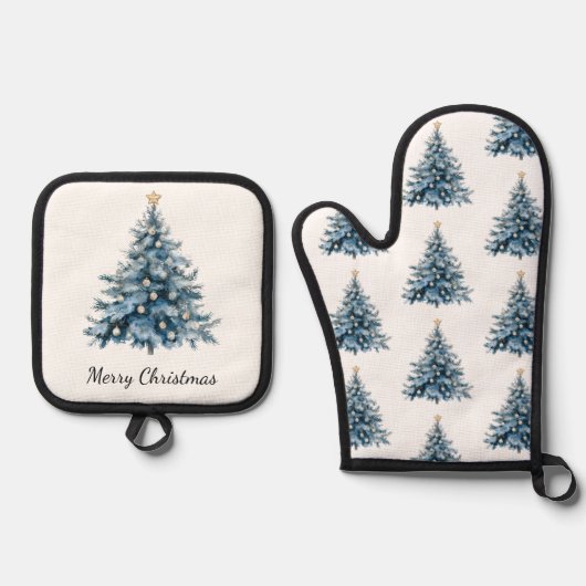 Blue Winter Christmas Tree Gold Star Ofenhandschuh & Topflappen-Set (Vorderseite)