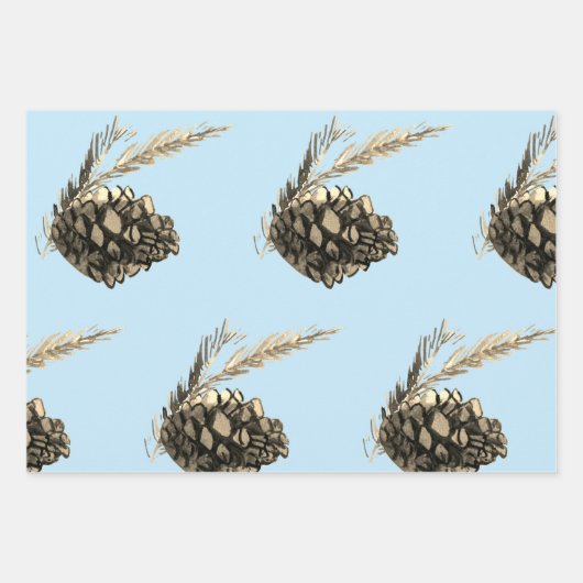 Blue Winter Christmas Tree Pine Branch Cones Geschenkpapier Set (Vorderseite)