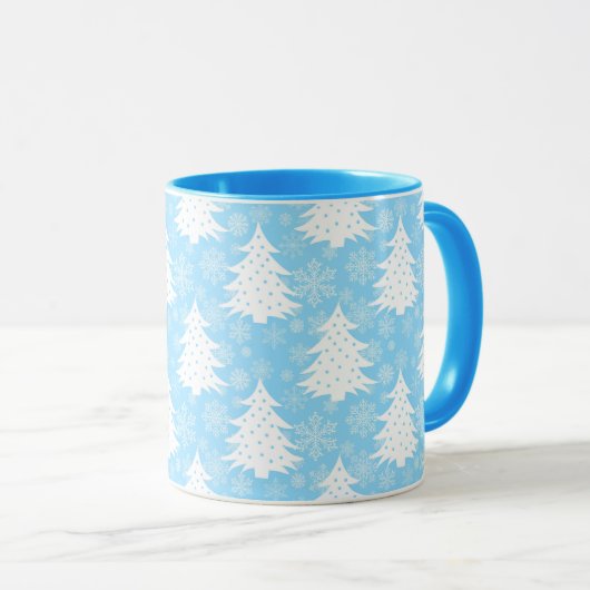 Blue Winter Christmas Tree Snowflake Muster Tasse (VorderseiteRechts)