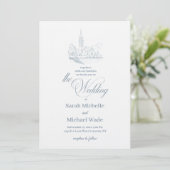 Blue Winter Church Calligraphy Wedding Invitation Einladung (Stehend Vorderseite)