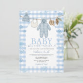 Blue Winter Clothesline Baby Dusche Schneeschuhe Einladung (Stehend Vorderseite)