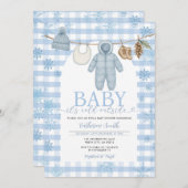 Blue Winter Clothesline Baby Dusche Schneeschuhe Einladung (Vorne/Hinten)