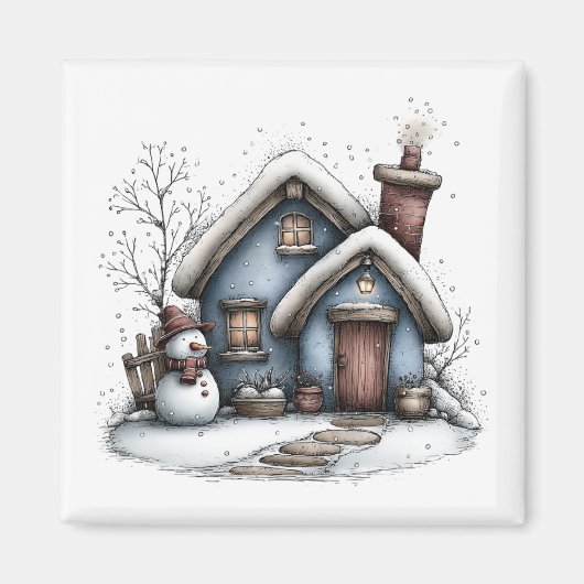 Blue Winter Cottage Christmas Magnet (Vorne)