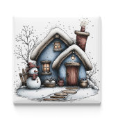 Blue Winter Cottage Christmas Magnet