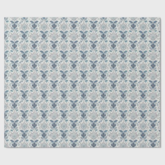Blue Winter Damask Wrapping Paper Geschenkpapier (Flach)