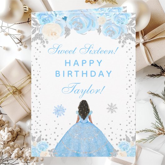 Blue Winter Dark Skin Princess 16 . Geburtstag Karte
