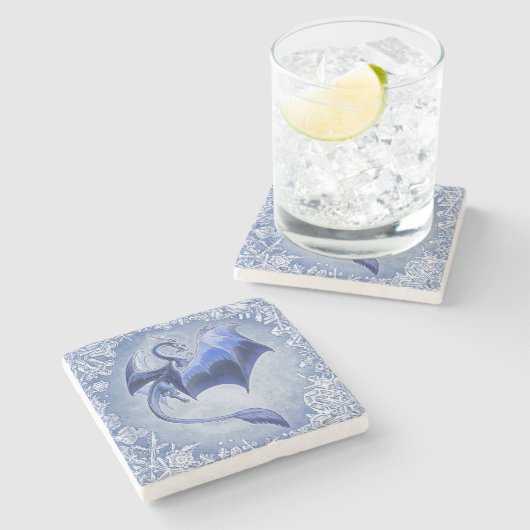 Blue Winter Dragon Fantasy Nature Art Steinuntersetzer (Seitenansicht)