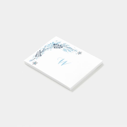 Blue Winter Floral Monogram Post-it Klebezettel (angewinkelt)