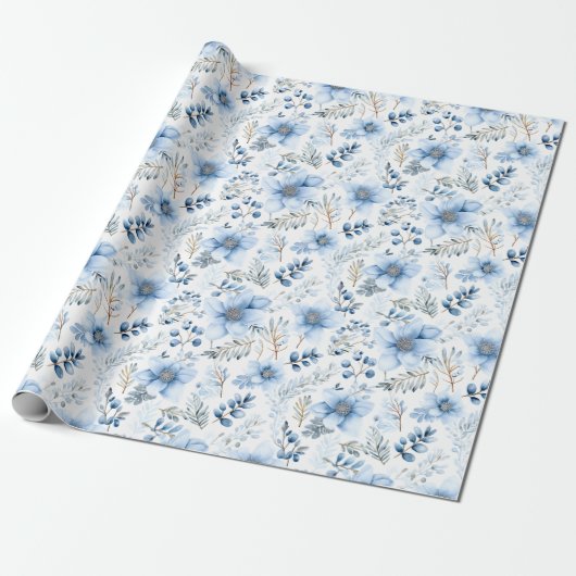 Blue Winter Floral Pattern Geschenkpapier (Ungerollt)