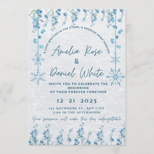 Blue Winter Floral Wedding Invitation Einladung (Vorderseite)