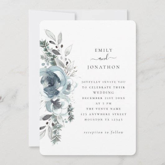 Blue Winter Florals Wedding Einladung (Vorderseite)