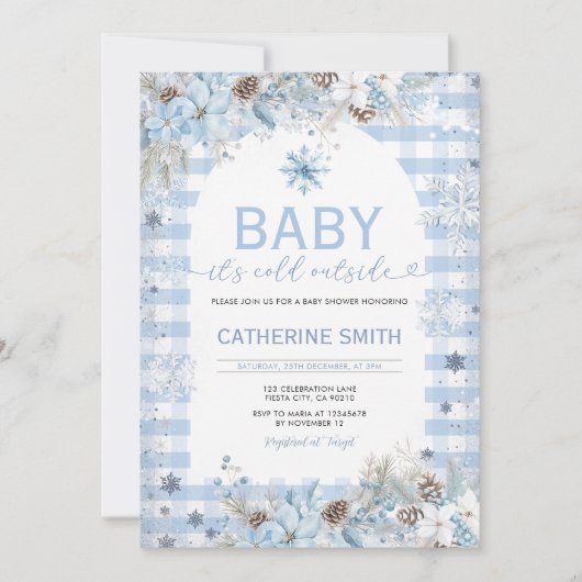 Blue Winter Flowers  Baby Shower Snowflakes Einladung (Vorderseite)