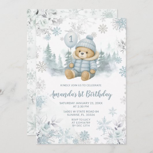 Blue Winter Forest Bear Balloon First Birthday Einladung (Vorne/Hinten)