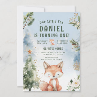 Blue Winter Forest Fox 1. Geburtstag Einladung