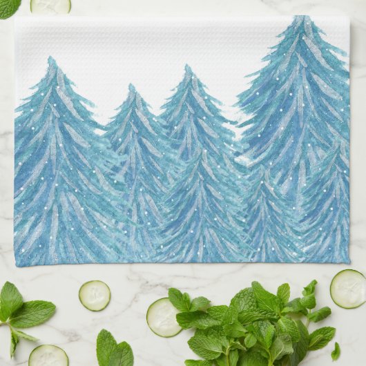Blue Winter Forest Tree Aquarell Weihnachtskite Geschirrtuch (Gefaltet)