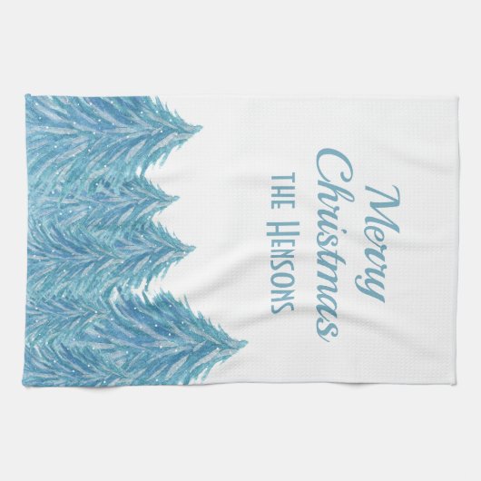 Blue Winter Forest Tree Aquarell Weihnachtskite Geschirrtuch (Horizontal)